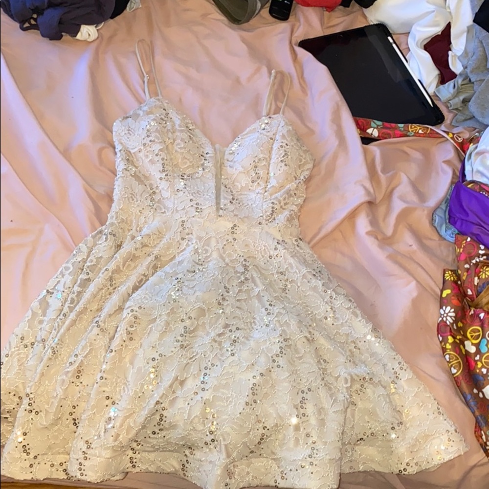 latte colored sparkly short homecoming dress